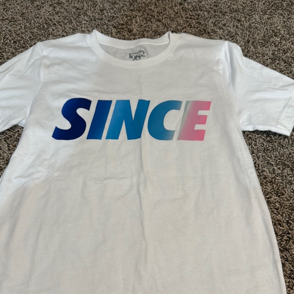 White Tee with Blue and Pink Gradient Design